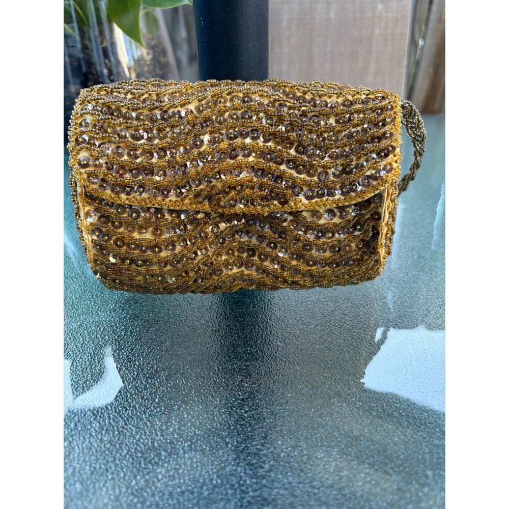 Vintage 1960's Gold Beaded Sequin Evening‎ Bag Handmade in Hong Kong Bronze